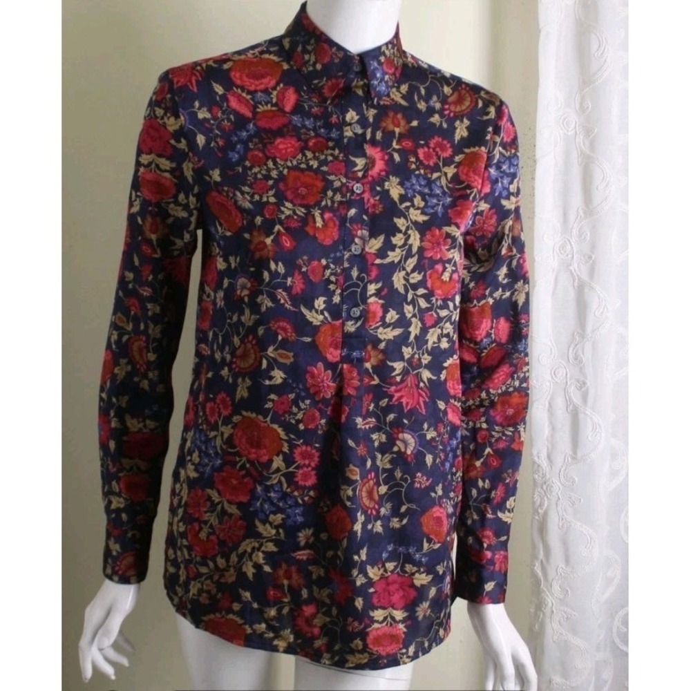 Ralph Lauren Sz XS Gorgeous Silky Poly‎ Blue Red Floral Blouse Shirt Top